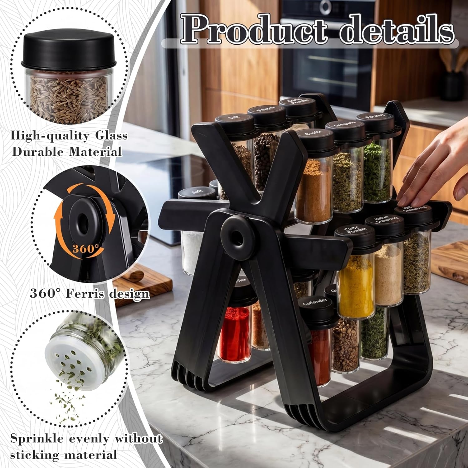 Ferris Wheel Rotating Spice Rack – Modern 18-Jar Revolving Seasoning Organizer Set