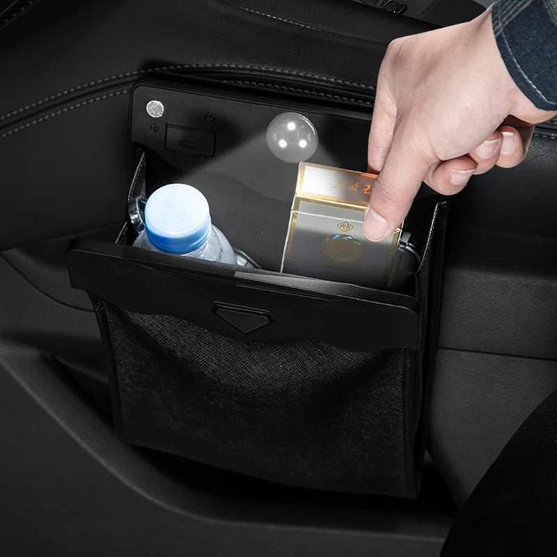 Premium Leather Car Trash Can – Waterproof Magnetic LED Garbage Bin & Seat Storage Bag