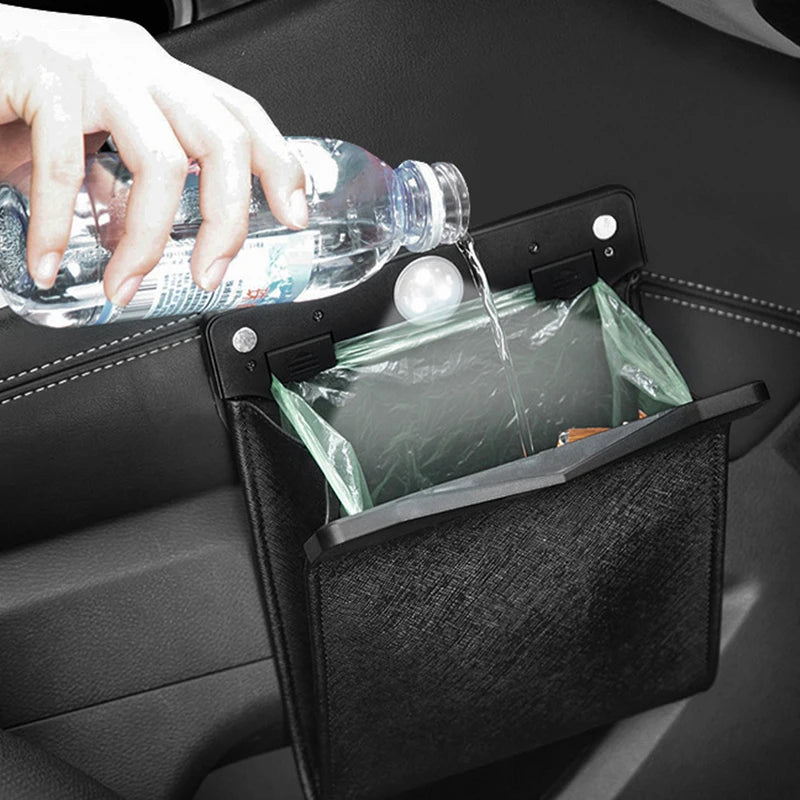 Premium Leather Car Trash Can – Waterproof Magnetic LED Garbage Bin & Seat Storage Bag